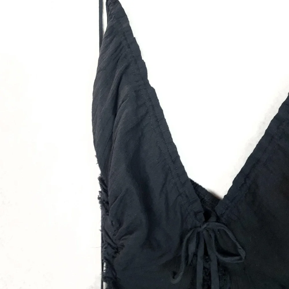 Free People Dress Womens Small Black Tiered Ruffle V-Neck Strappy Gypsy Magnolia